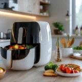 Freidora de aire moderna en una cocina contemporánea, con verduras y papas fritas en la bandeja, rodeada de ingredientes frescos y utensilios de cocina. Ideal para preparar comidas saludables.