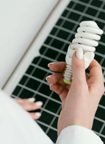 Persona sosteniendo una bombilla de bajo consumo frente a un panel solar, simbolizando la eficiencia energética y el uso de energías renovables.