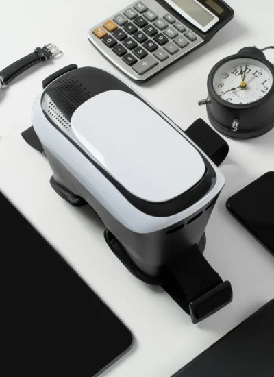 Dispositivo de realidad virtual en el centro, rodeado de una calculadora, reloj analógico, teléfono inteligente, tableta y un bolígrafo sobre una superficie blanca.